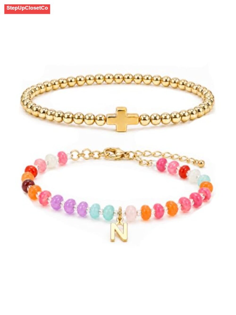 Initial Beaded Bracelet Set for Women, Colorful Gemstone & Gold Cross Stackable